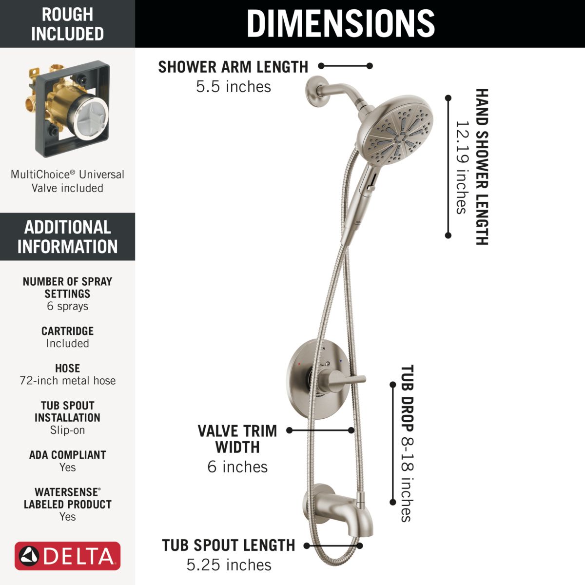 DELTA Nicoli Monitor 14 Series Tub and Shower with SureDock Hand Shower — Stainless