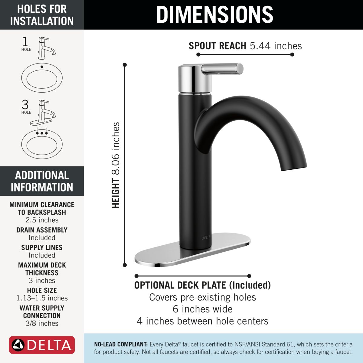 DELTA Nicoli Single Handle Bathroom Faucet — Matte Black / Chrome