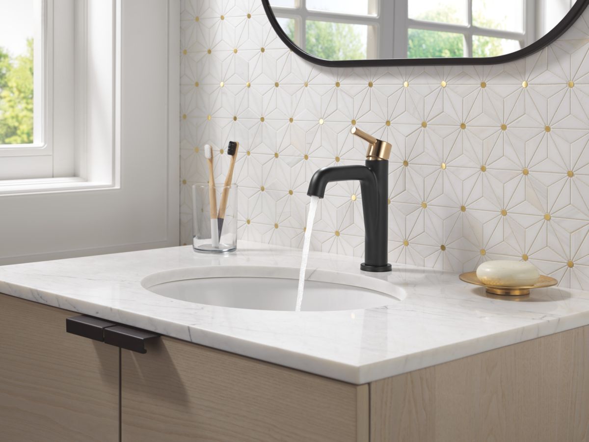 DELTA Nicoli Single Handle Bathroom Faucet — Matte Black / Champagne Bronze