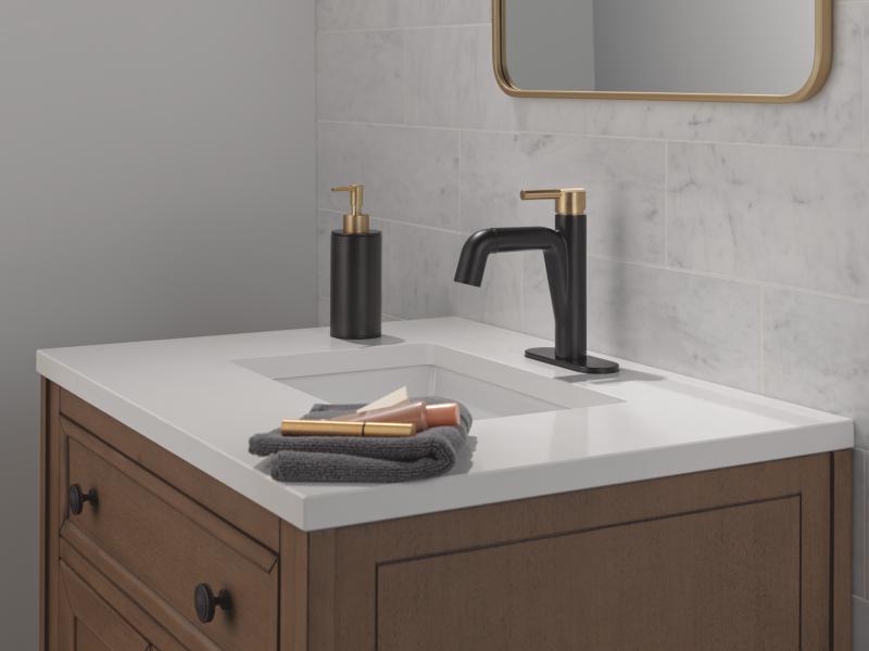 DELTA Nicoli Single Handle Pull-Down Bathroom Faucet — Matte Black / Champagne Bronze