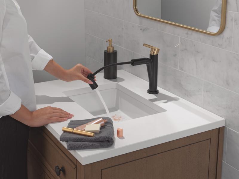 DELTA Nicoli Single Handle Pull-Down Bathroom Faucet — Matte Black / Champagne Bronze