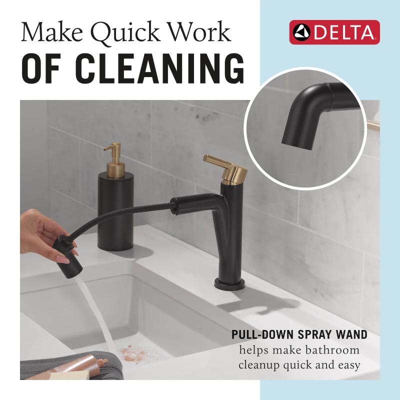 DELTA Nicoli Single Handle Pull-Down Bathroom Faucet — Matte Black / Champagne Bronze