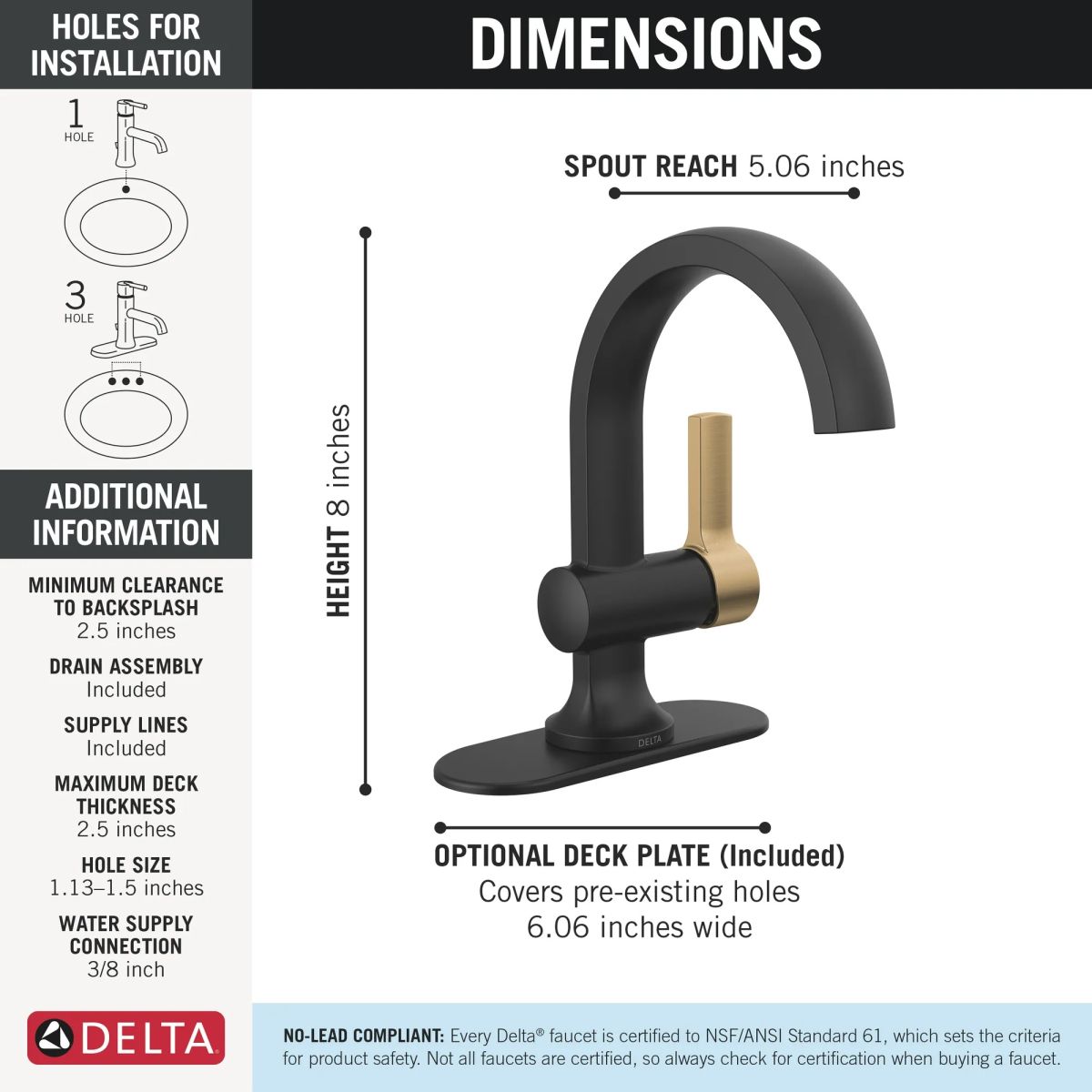 DELTA Albion  Single Handle Bathroom Faucet — Matte Black / Champagne Bronze
