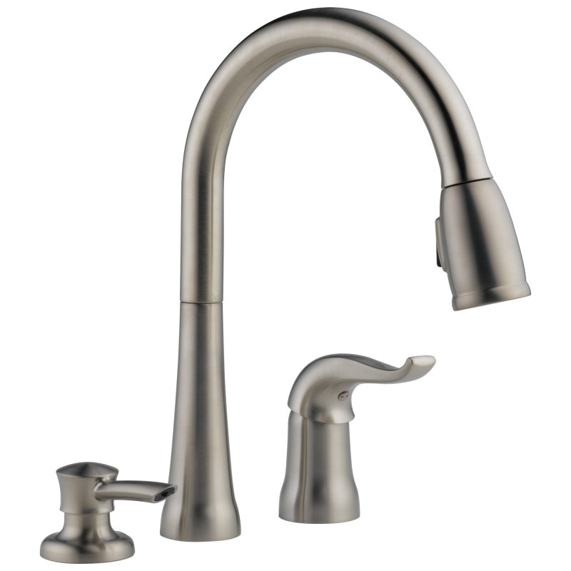 DELTA Kate Single Handle Pull-Down Kitchen Faucet with Soap Dispenser — Stainless
