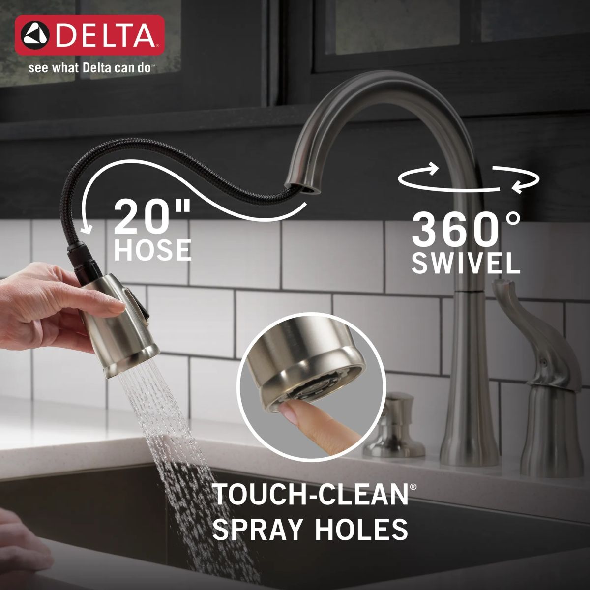 DELTA Kate Single Handle Pull-Down Kitchen Faucet with Soap Dispenser — Stainless