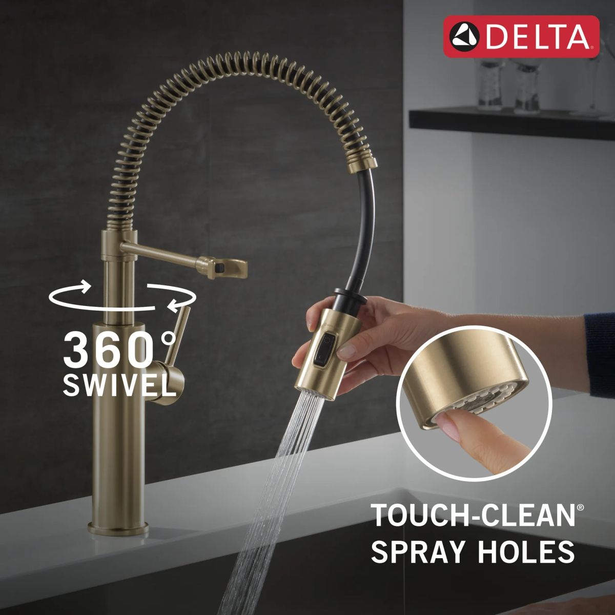 DELTA Antoni Single-Handle Pull-Down Spring Kitchen Faucet — Champagne Bronze
