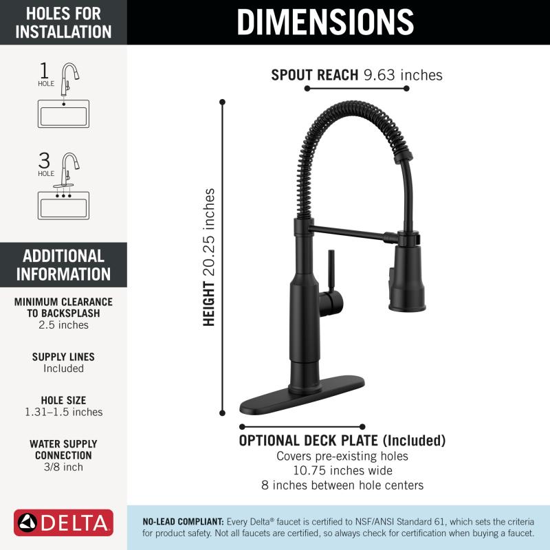 DELTA Theodora Single-Handle Pull-Down Spring Kitchen Faucet — Matte Black