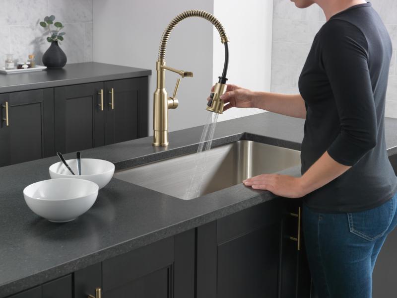 DELTA Theodora Single-Handle Pull-Down Spring Kitchen Faucet — Champagne Bronze