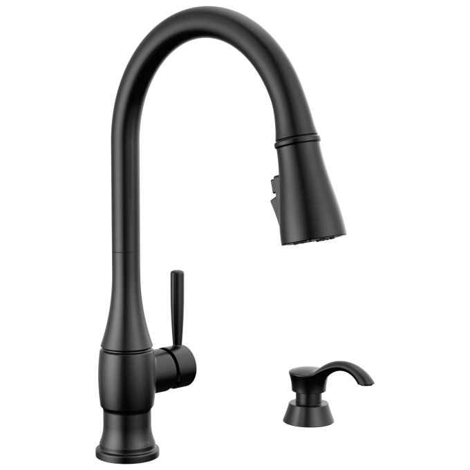 DELTA Hazelwood Single Handle Pull-Down Kitchen Faucet with Soap Dispenser and ShieldSpray Technology — Matte Black