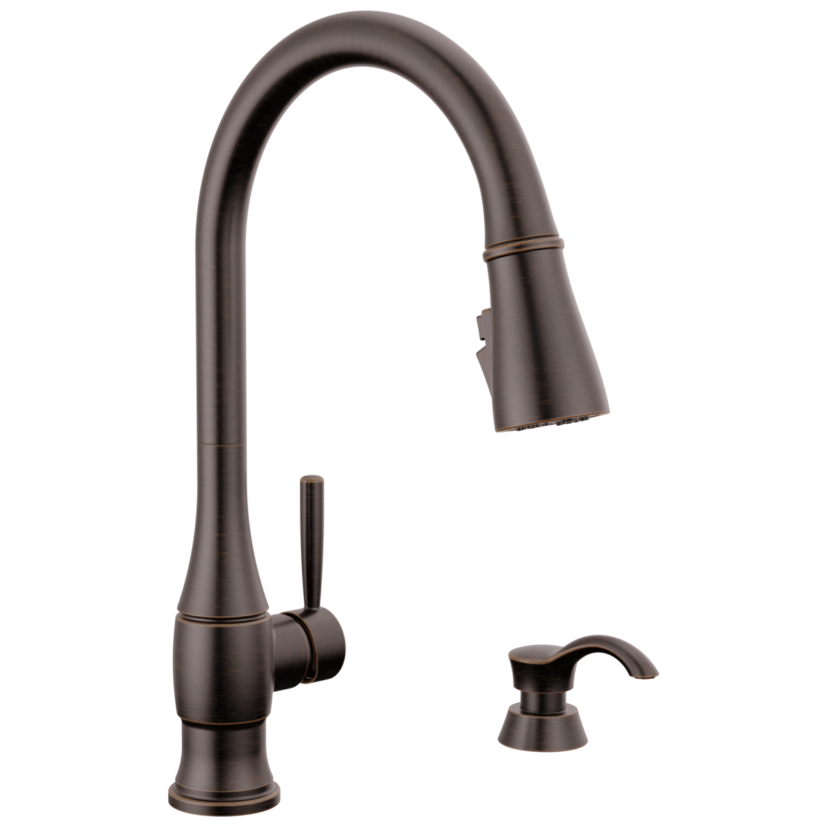 DELTA Hazelwood Single Handle Pull-Down Kitchen Faucet with Soap Dispenser and ShieldSpray Technology — Venetian Bronze