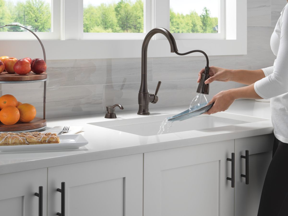 DELTA Hazelwood Single Handle Pull-Down Kitchen Faucet with Soap Dispenser and ShieldSpray Technology — Venetian Bronze
