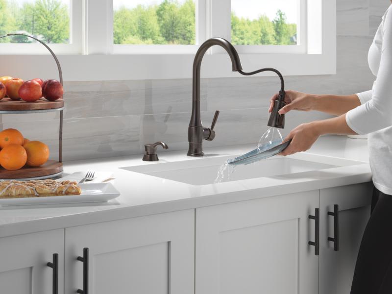 DELTA Hazelwood Single Handle Pull-Down Kitchen Faucet with Soap Dispenser and ShieldSpray Technology — Venetian Bronze