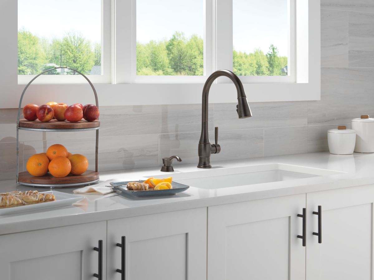 DELTA Hazelwood Single Handle Pull-Down Kitchen Faucet with Soap Dispenser and ShieldSpray Technology — Venetian Bronze