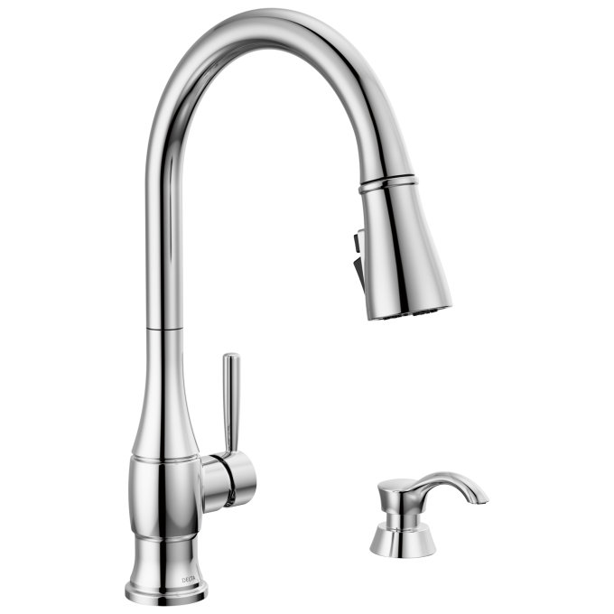 DELTA Hazelwood Single Handle Pull-Down Kitchen Faucet with Soap Dispenser and ShieldSpray Technology — Chrome