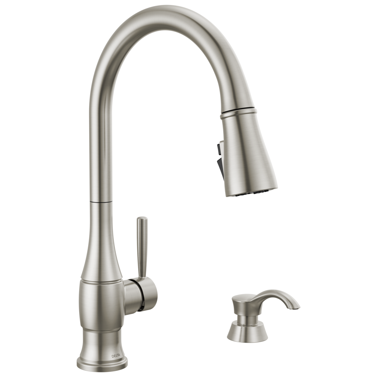 DELTA Hazelwood Single Handle Pull-Down Kitchen Faucet with Soap Dispenser and ShieldSpray Technology — Spotshield Stainless