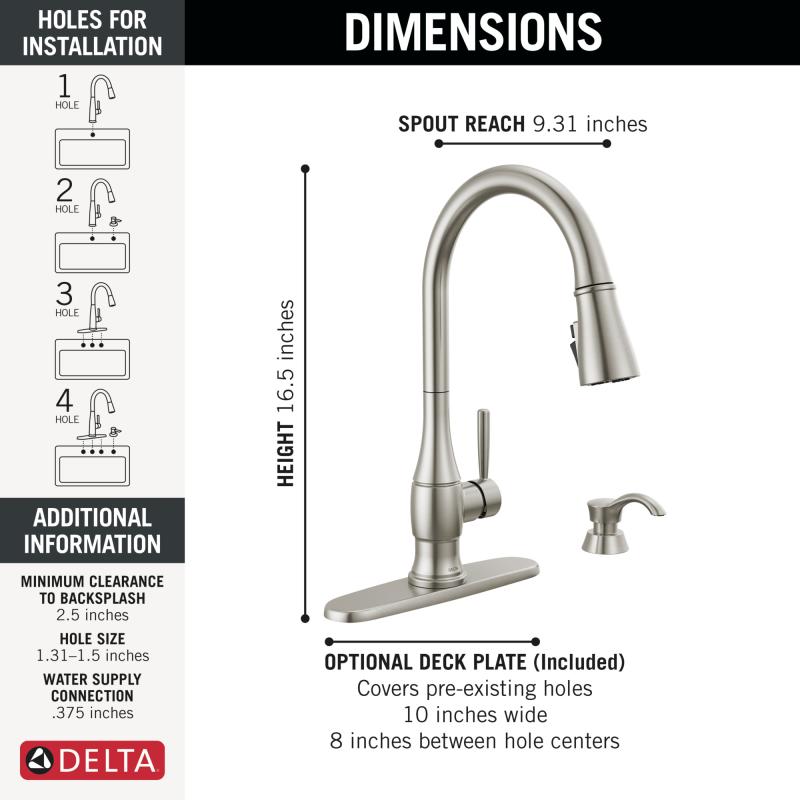 DELTA Hazelwood Single Handle Pull-Down Kitchen Faucet with Soap Dispenser and ShieldSpray Technology — Spotshield Stainless