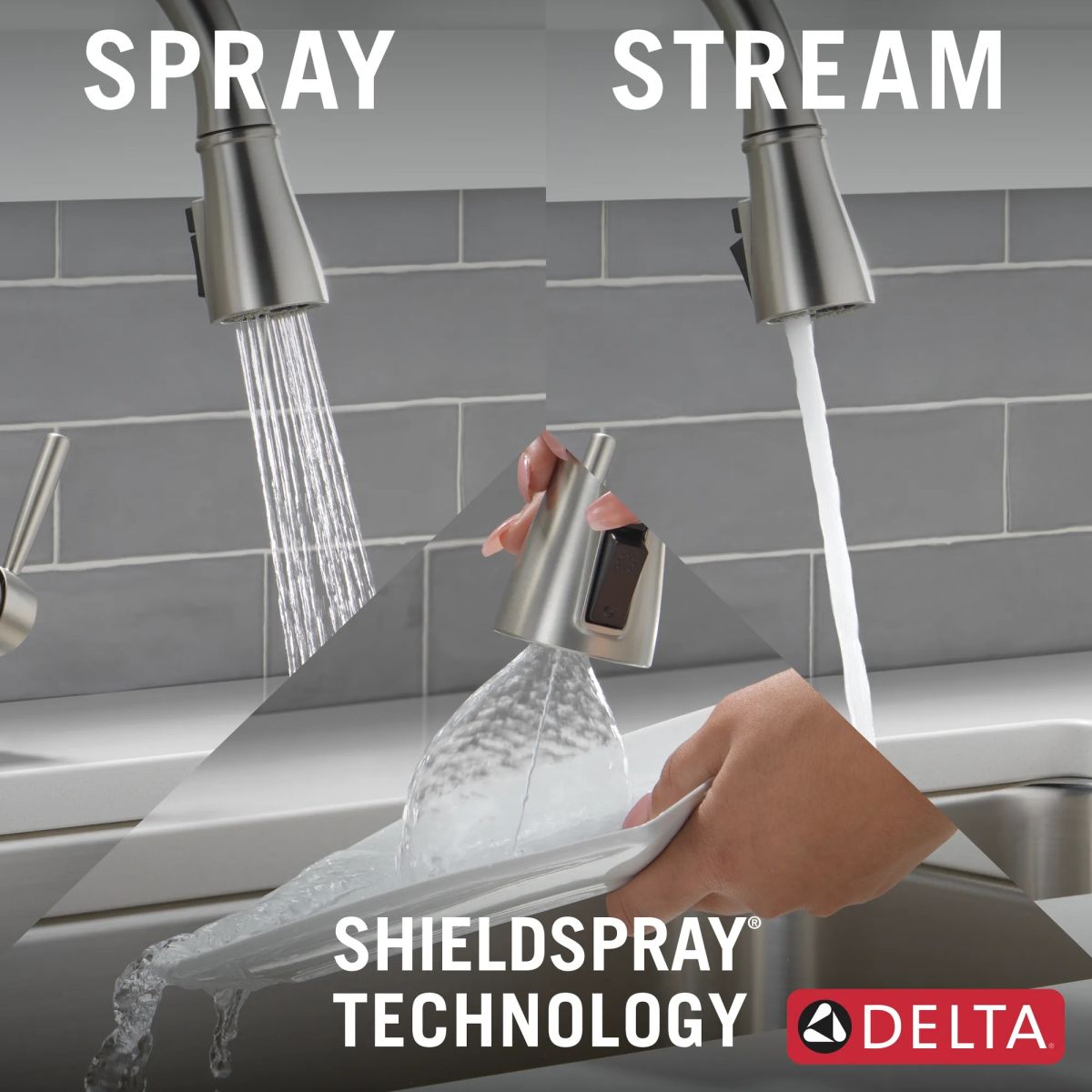 DELTA Hazelwood Single Handle Pull-Down Kitchen Faucet with Soap Dispenser and ShieldSpray Technology — Spotshield Stainless