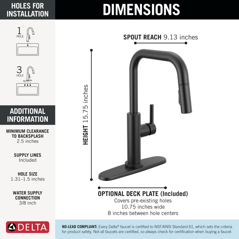 DELTA Nicoli Single Handle Pull-Down Kitchen Faucet — Matte Black