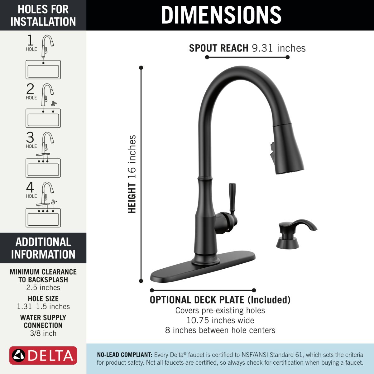 DELTA Capertee Single Handle Pull-Down Kitchen Faucet with Soap Dispenser and ShieldSpray Technology — Matte Black