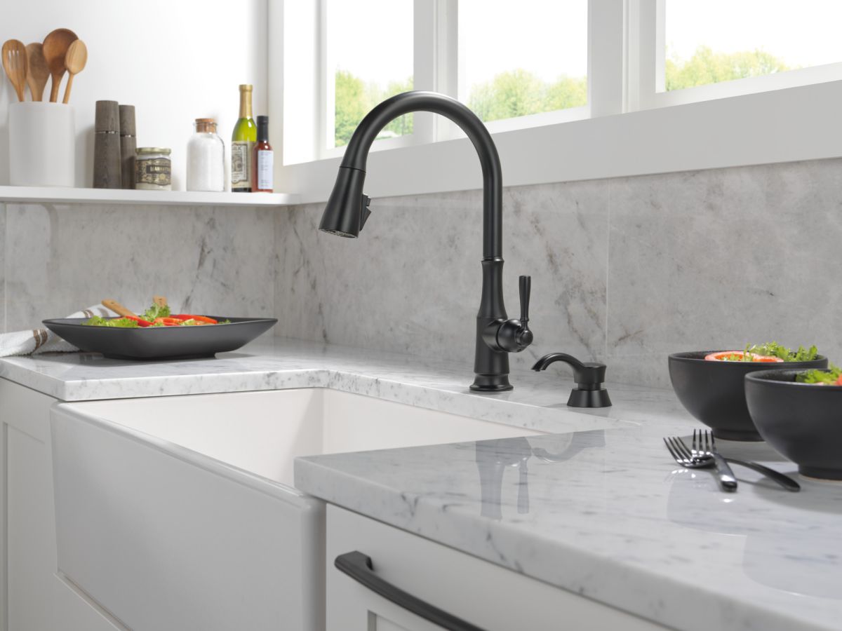 DELTA Capertee Single Handle Pull-Down Kitchen Faucet with Soap Dispenser and ShieldSpray Technology — Matte Black