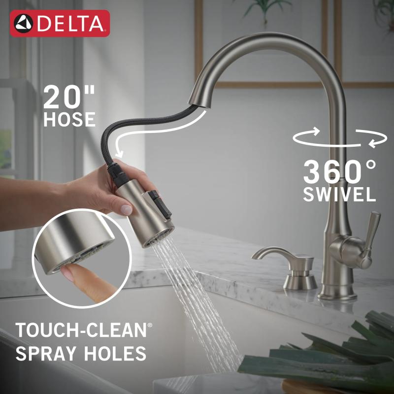 DELTA Capertee Single Handle Pull-Down Kitchen Faucet with Soap Dispenser and ShieldSpray Technology — Spotshield Stainless