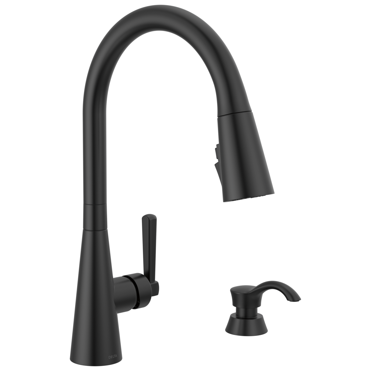 DELTA Boyd Single Handle Pull-Down Kitchen Faucet with Soap Dispenser and ShieldSpray Technology — Matte Black