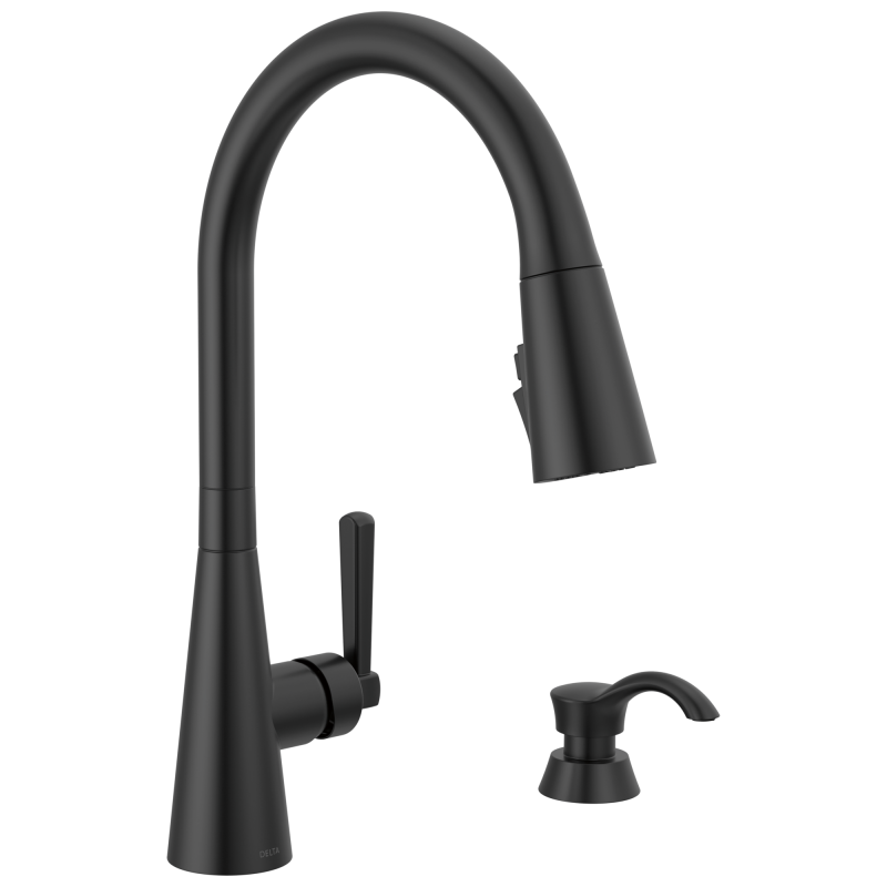 DELTA Boyd Single Handle Pull-Down Kitchen Faucet with Soap Dispenser and ShieldSpray Technology — Matte Black