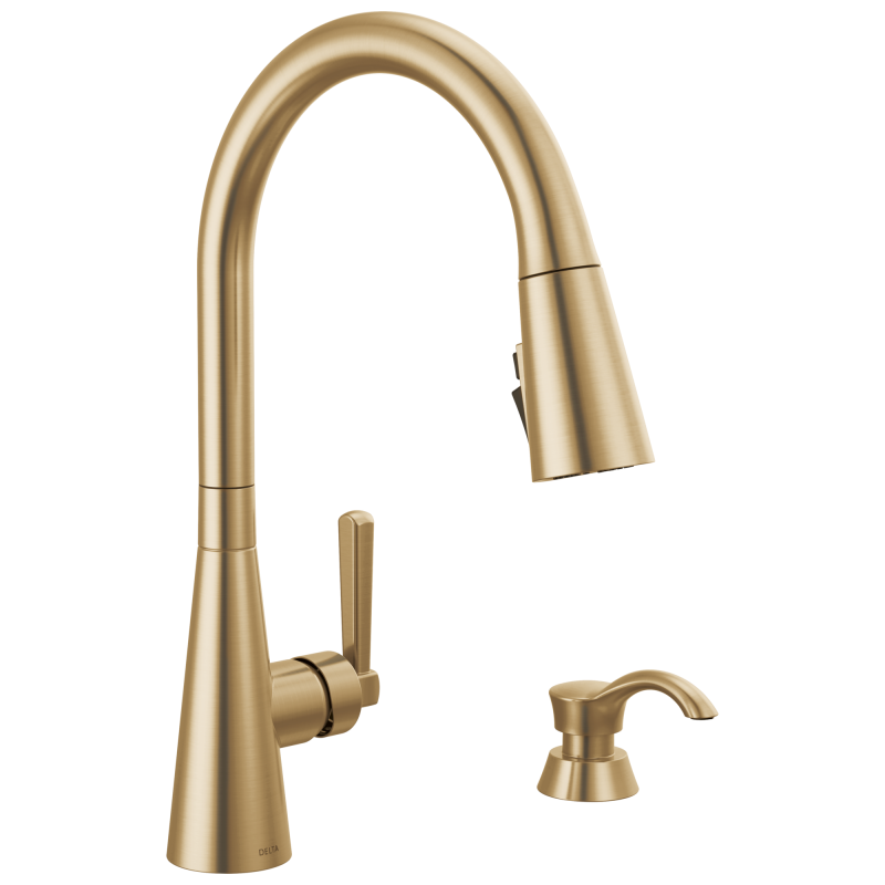 DELTA Boyd Single Handle Pull-Down Kitchen Faucet with Soap Dispenser and ShieldSpray Technology — Champagne Bronze