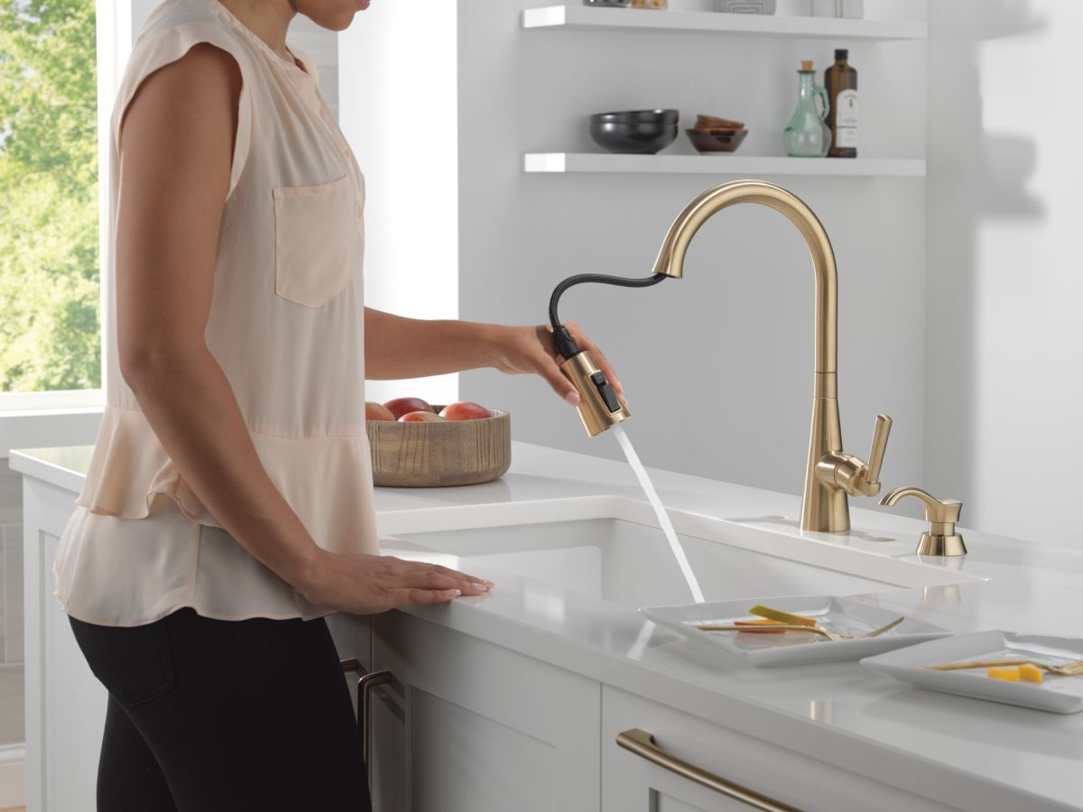 DELTA Boyd Single Handle Pull-Down Kitchen Faucet with Soap Dispenser and ShieldSpray Technology — Champagne Bronze