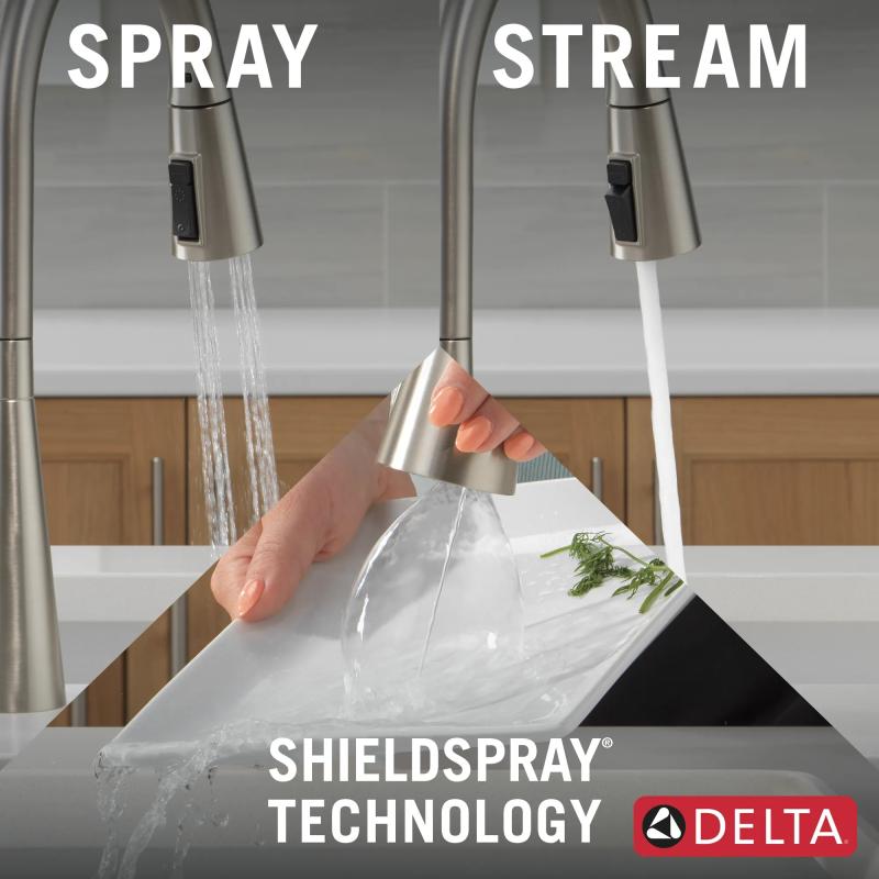 DELTA Boyd Single Handle Pull-Down Kitchen Faucet with Soap Dispenser and ShieldSpray Technology — Spotshield Stainless