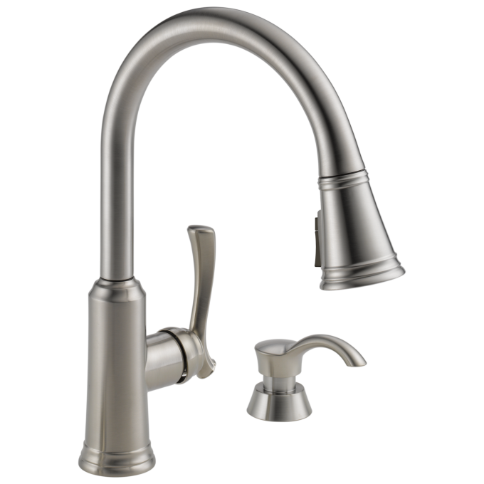 DELTA Lakeview Single Handle Pull-Down Kitchen Faucet with Soap Dispenser and ShieldSpray Technology — Stainless