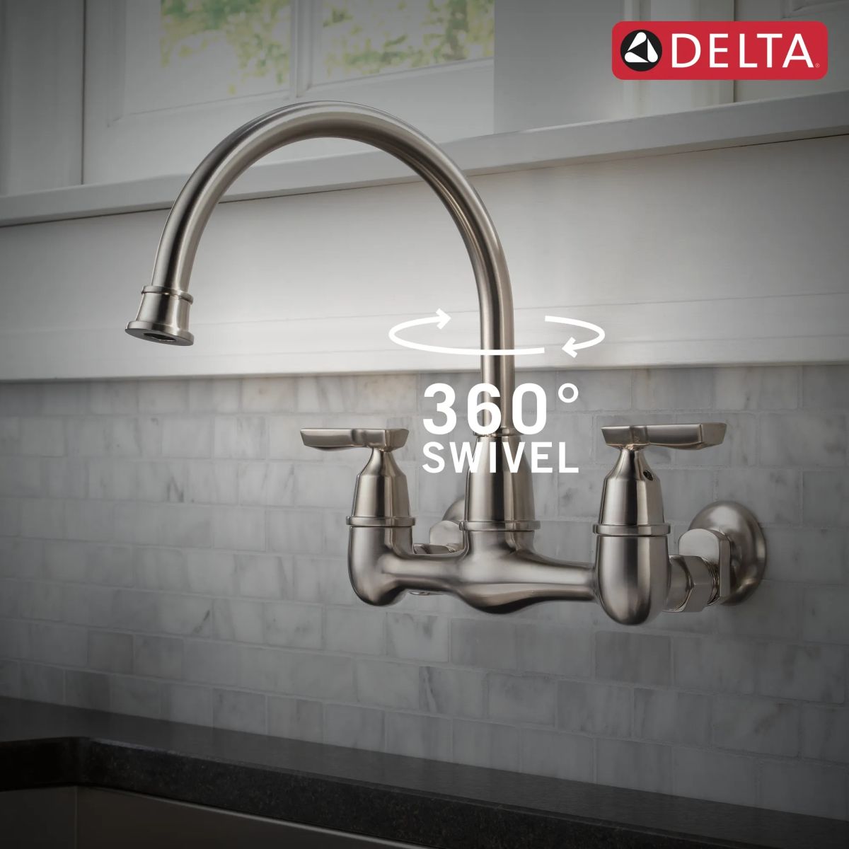 DELTA Corin Two Handle Wall Mounted Kitchen Faucet — Stainless