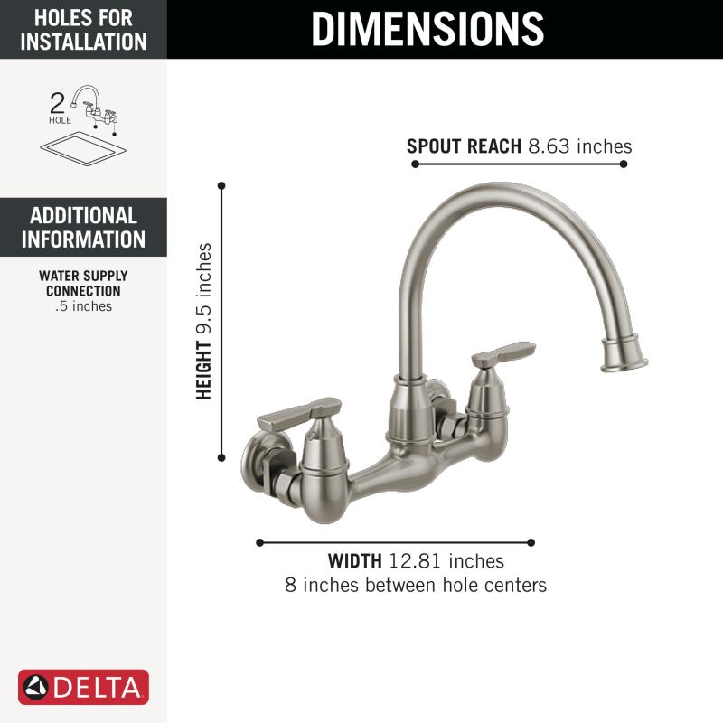 DELTA Corin Two Handle Wall Mounted Kitchen Faucet — Stainless