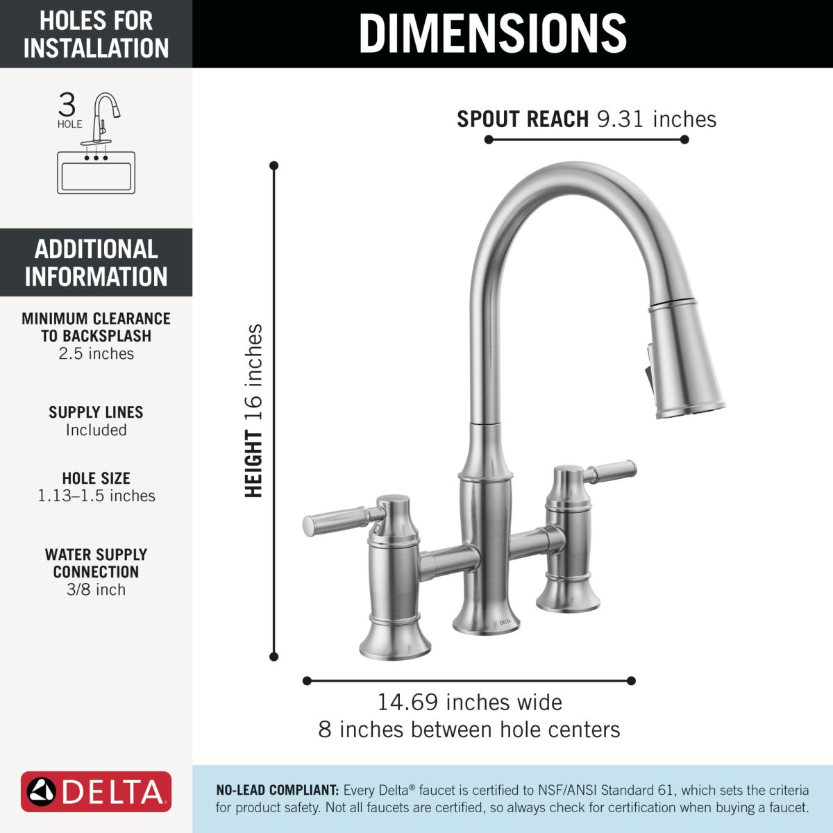 DELTA Renaldi Two Handle Pull-Down Bridge Kitchen Faucet — Lumicoat® Arctic Stainless