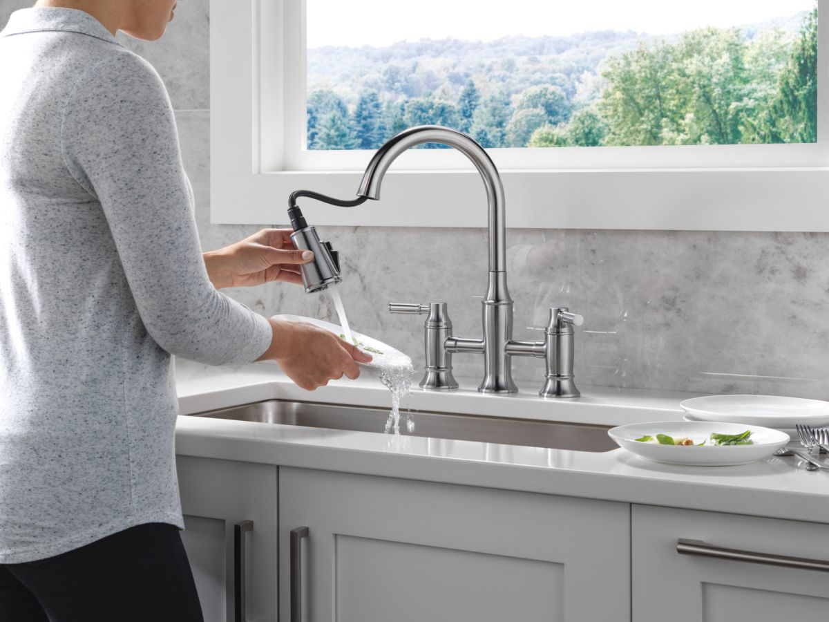 DELTA Renaldi Two Handle Pull-Down Bridge Kitchen Faucet — Lumicoat® Arctic Stainless