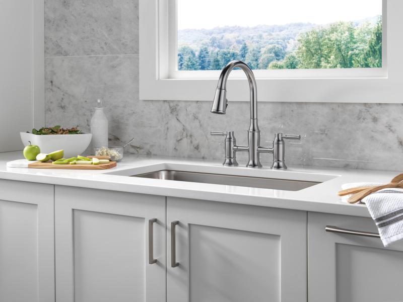 DELTA Renaldi Two Handle Pull-Down Bridge Kitchen Faucet — Lumicoat® Arctic Stainless