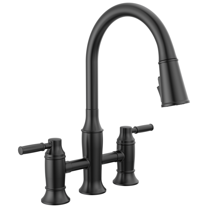 DELTA Renaldi Two Handle Pull-Down Bridge Kitchen Faucet — Matte Black