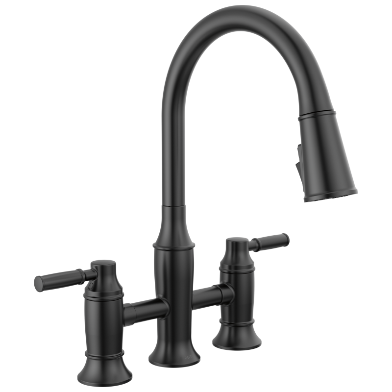 DELTA Renaldi Two Handle Pull-Down Bridge Kitchen Faucet — Matte Black