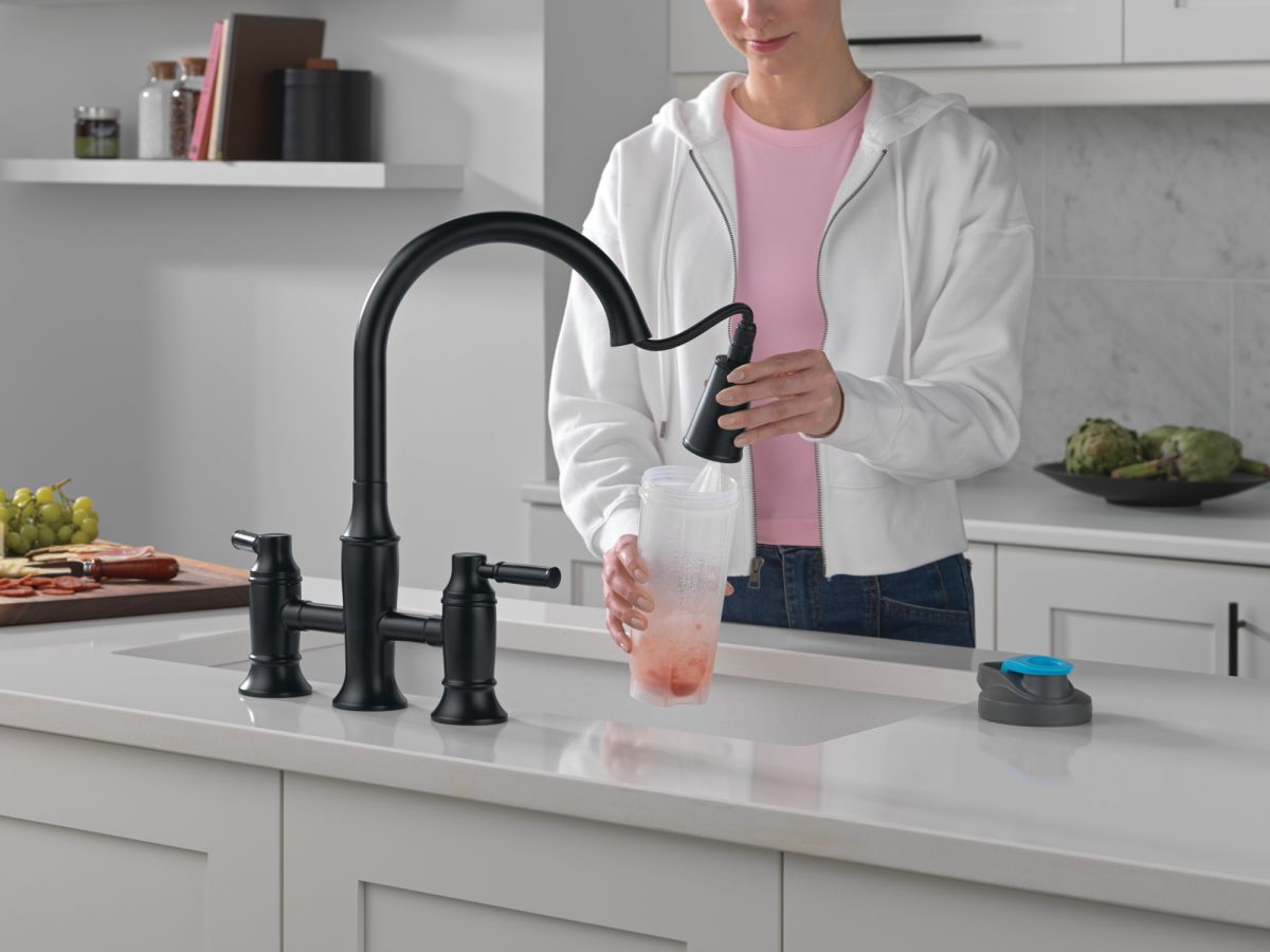 DELTA Renaldi Two Handle Pull-Down Bridge Kitchen Faucet — Matte Black