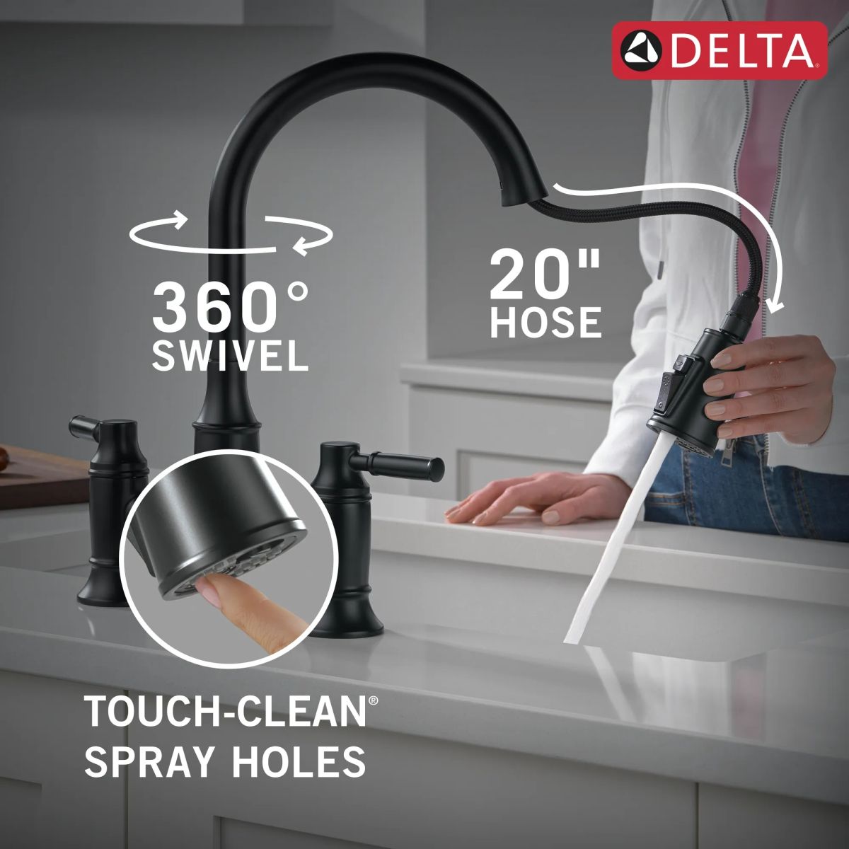 DELTA Renaldi Two Handle Pull-Down Bridge Kitchen Faucet — Matte Black