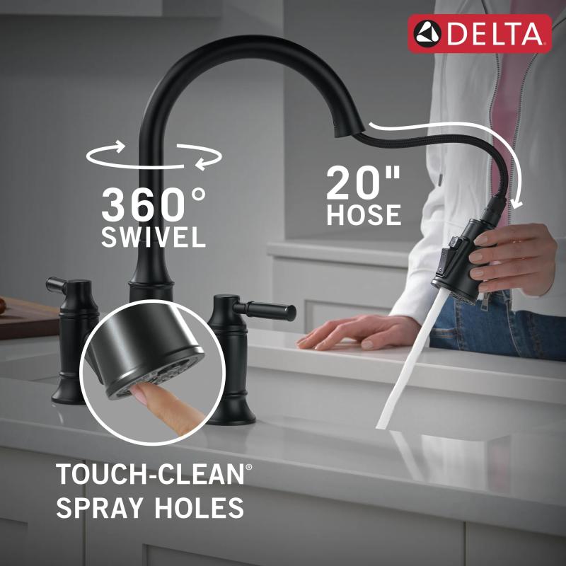 DELTA Renaldi Two Handle Pull-Down Bridge Kitchen Faucet — Matte Black