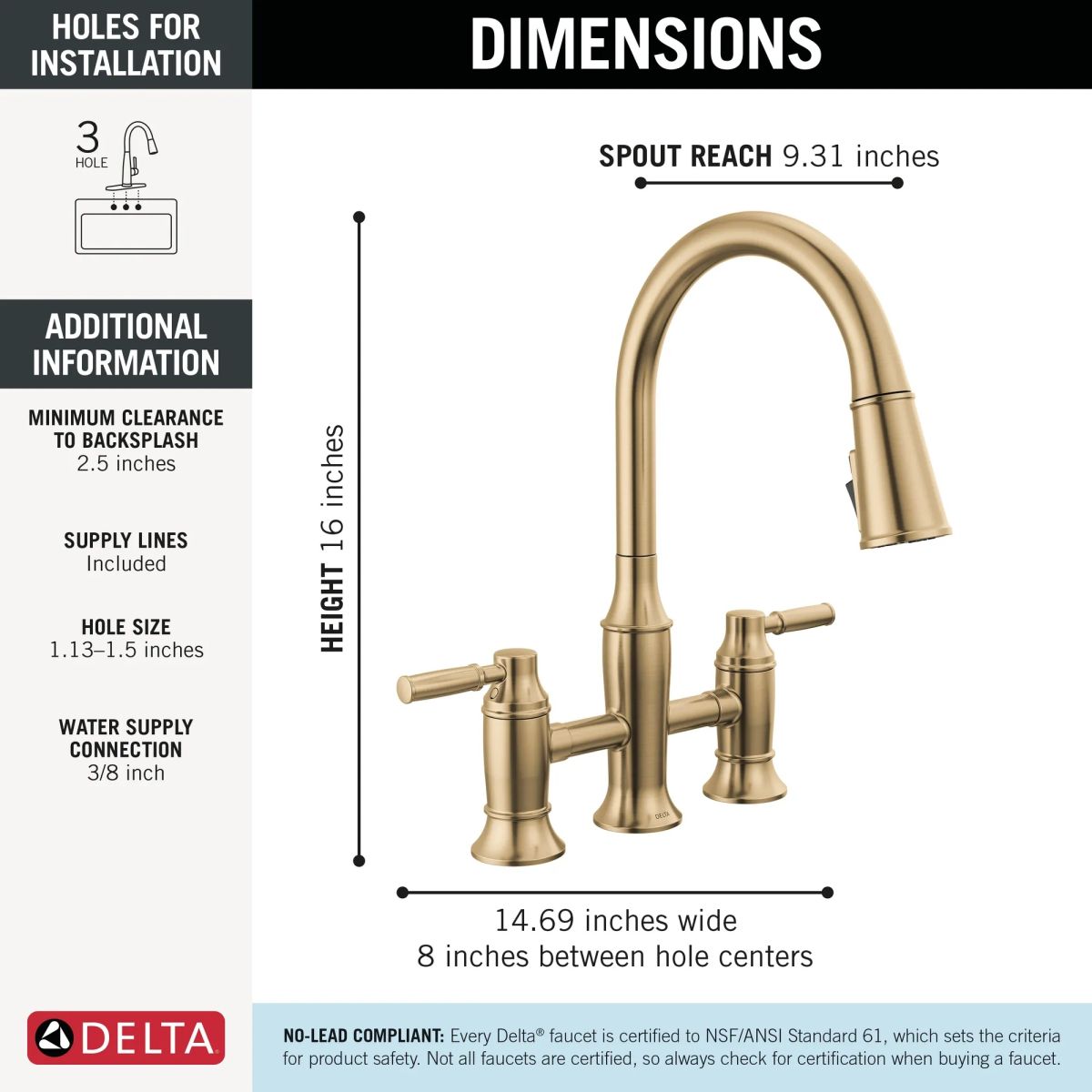 DELTA Renaldi Two Handle Pull-Down Bridge Kitchen Faucet — Lumicoat® Champagne Bronze