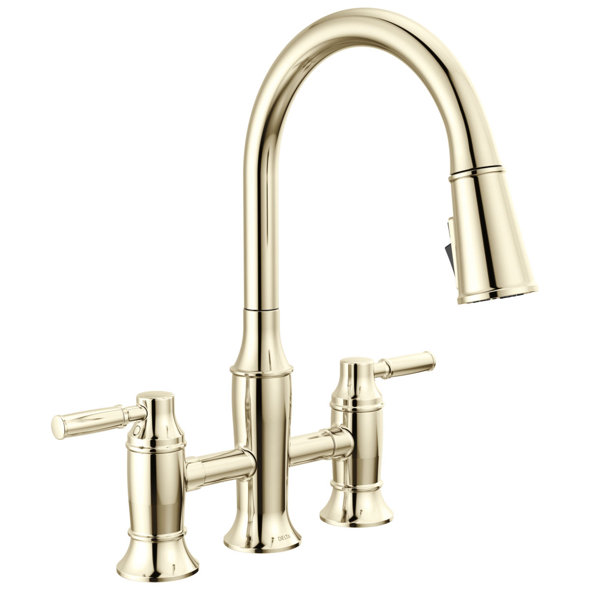 DELTA Renaldi Two Handle Pull-Down Bridge Kitchen Faucet — Lumicoat® Polished Nickel