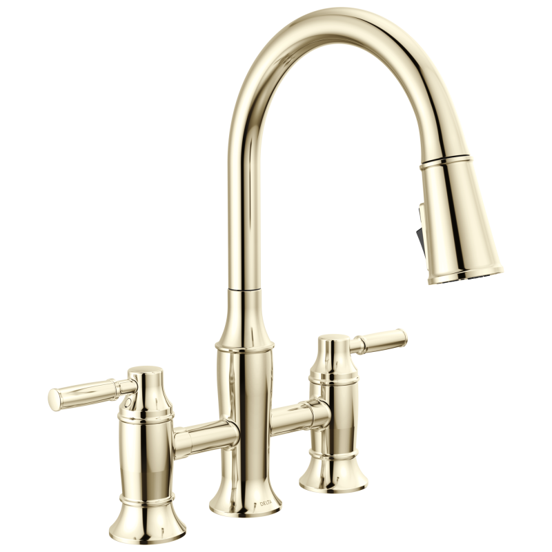 DELTA Renaldi Two Handle Pull-Down Bridge Kitchen Faucet — Lumicoat® Polished Nickel