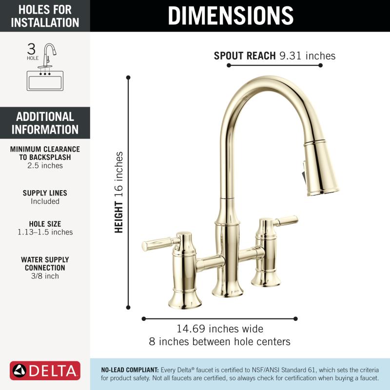 DELTA Renaldi Two Handle Pull-Down Bridge Kitchen Faucet — Lumicoat® Polished Nickel