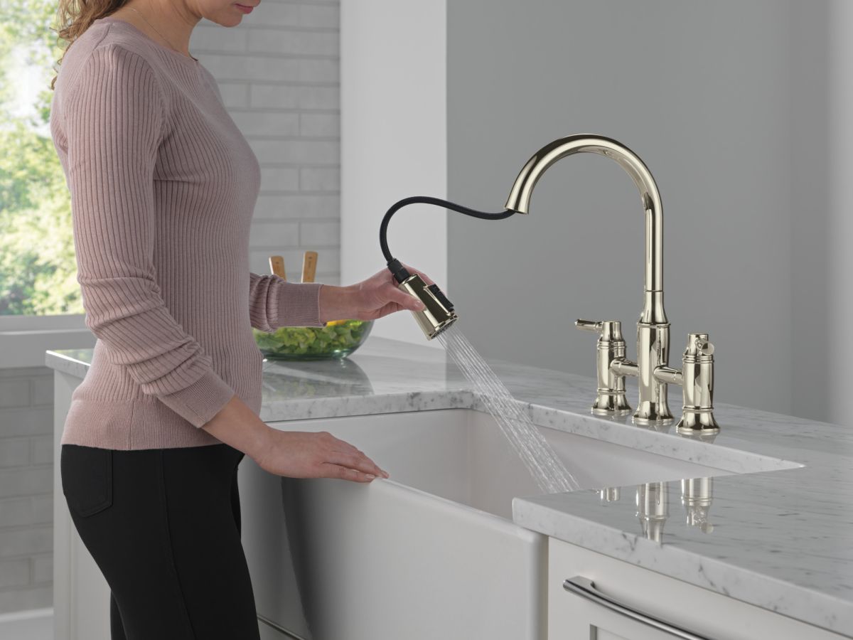 DELTA Renaldi Two Handle Pull-Down Bridge Kitchen Faucet — Lumicoat® Polished Nickel