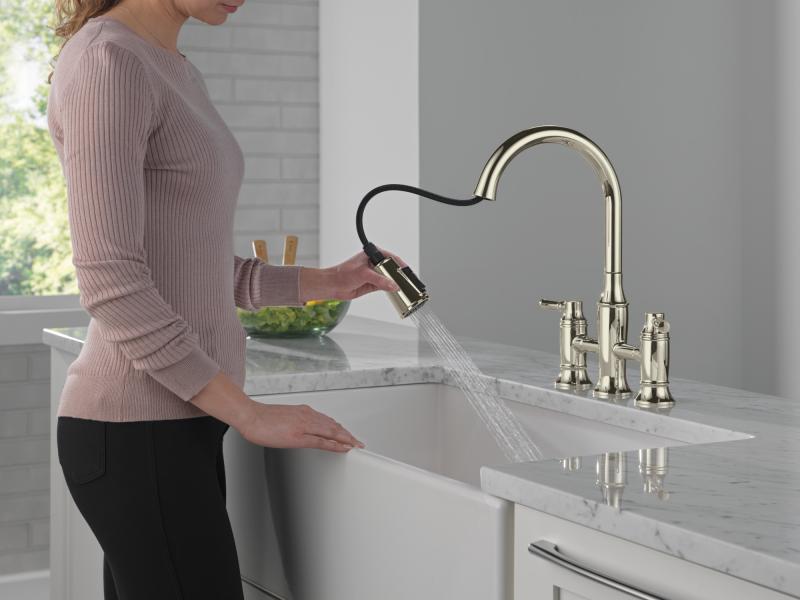 DELTA Renaldi Two Handle Pull-Down Bridge Kitchen Faucet — Lumicoat® Polished Nickel