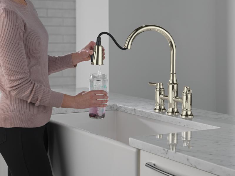 DELTA Renaldi Two Handle Pull-Down Bridge Kitchen Faucet — Lumicoat® Polished Nickel