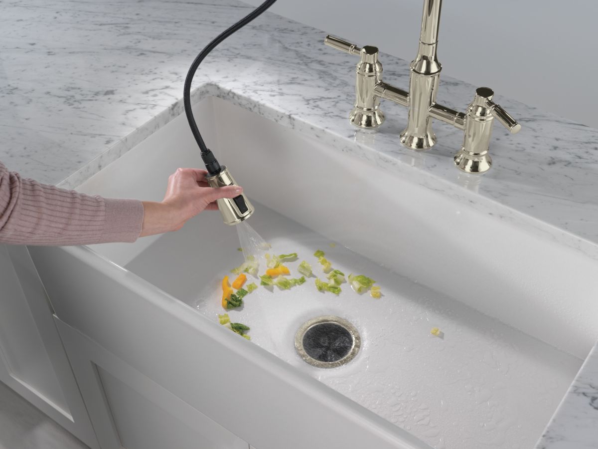 DELTA Renaldi Two Handle Pull-Down Bridge Kitchen Faucet — Lumicoat® Polished Nickel