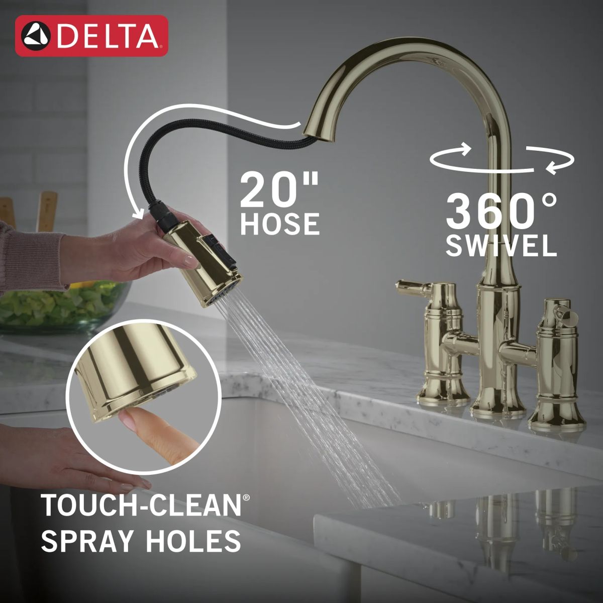DELTA Renaldi Two Handle Pull-Down Bridge Kitchen Faucet — Lumicoat® Polished Nickel